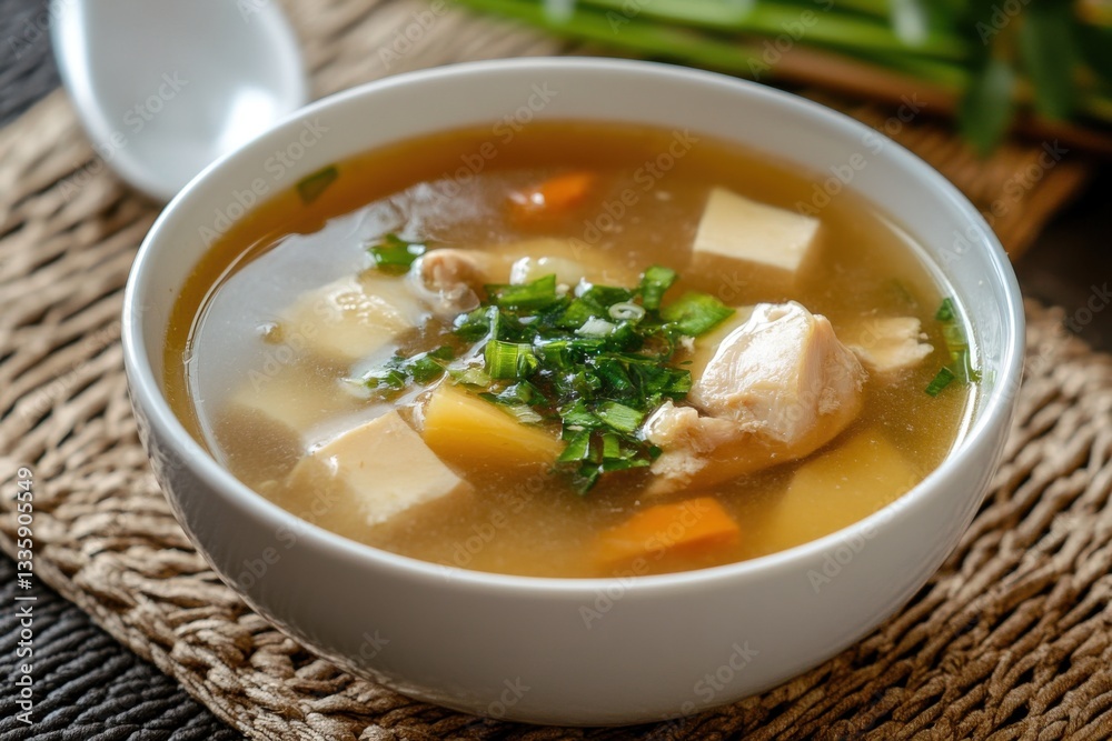 Delicious Chicken Soup with Tofu and Fresh Vegetables in Bowl Delicious Chicken Soup with Tofu and Fresh Vegetables in Bowl