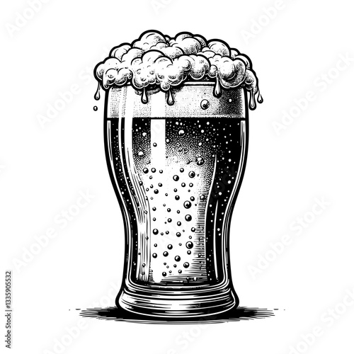 a glass of beer full of foam engraving black and white outline. Scratch board imitation.