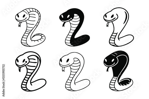 Set of black and white cartoon animal icons including snakes dragons seahorses and other reptile symbols.