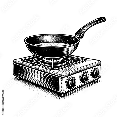 Frying pan sketch engraving black and white outline. Scratch board imitation.
