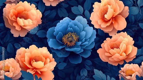 Blue and peach peonies floral pattern, dark background, textile design