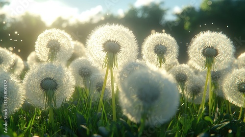 Dandelions in a Meadow at Sunset. Possible Use Nature background, desktop wallpaper
