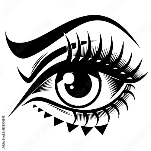 The image is a black-and-white stylized illustration of a human eye. It features bold eyeliner, long eyelashes, a thick eyebrow, and decorative triangular shapes below the eye, giving it an artistic a