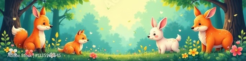 Seamless design featuring cute animals in a woodland scene, texture, wallpaper