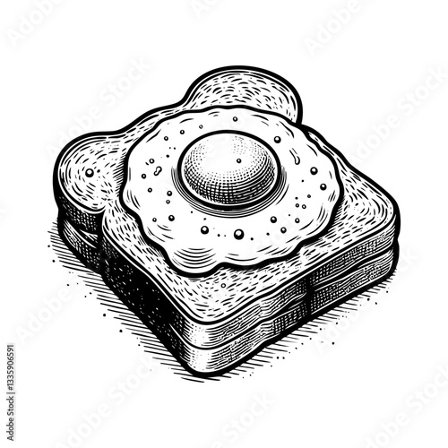 Fried egg and toast sketch engraving black and white outline. Scratch board imitation.