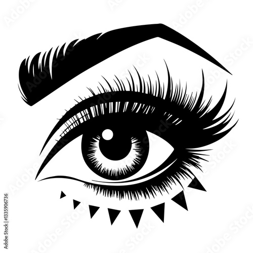 The image is a black-and-white stylized illustration of a human eye. It features bold eyeliner, long eyelashes, a thick eyebrow, and decorative triangular shapes below the eye, giving it an artistic a