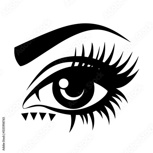 The image is a black-and-white stylized illustration of a human eye. It features bold eyeliner, long eyelashes, a thick eyebrow, and decorative triangular shapes below the eye, giving it an artistic a