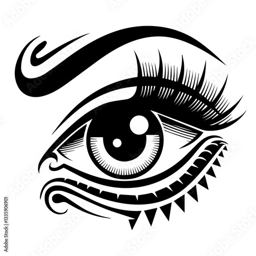 The image is a black-and-white stylized illustration of a human eye. It features bold eyeliner, long eyelashes, a thick eyebrow, and decorative triangular shapes below the eye, giving it an artistic a