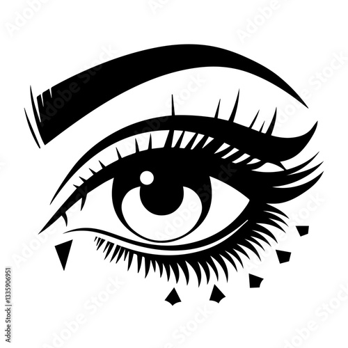 The image is a black-and-white stylized illustration of a human eye. It features bold eyeliner, long eyelashes, a thick eyebrow, and decorative triangular shapes below the eye, giving it an artistic a