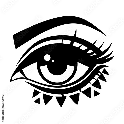 The image is a black-and-white stylized illustration of a human eye. It features bold eyeliner, long eyelashes, a thick eyebrow, and decorative triangular shapes below the eye, giving it an artistic a