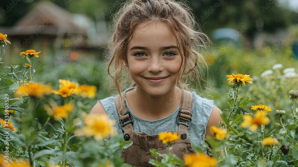 Cheerful girl in flower garden wearing overalls, enjoying nature and smiling at the camera during daytime Cheerful girl in flower garden wearing overalls, enjoying nature and smiling at the camera during daytime