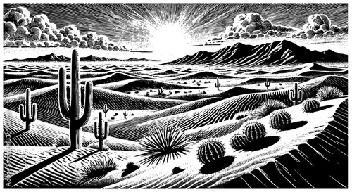 Sunrise on desert sketch engraving black and white outline. Scratch board imitation.  illustrated in vintage line art style on a white background.