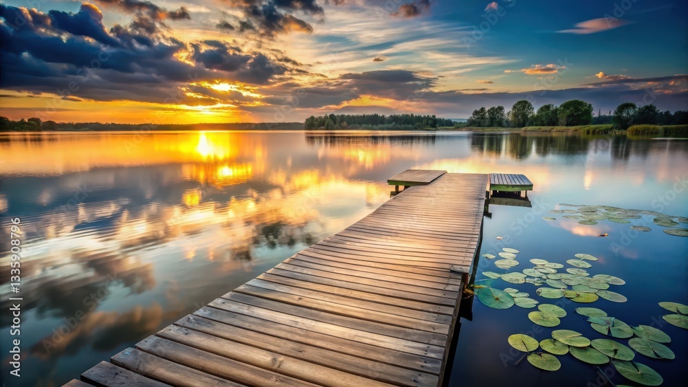 Fototapeta premium Serene Sunset Vista Wooden Dock Extending into Calm Waters Reflecting Colorful Sky and Aquatic Plants