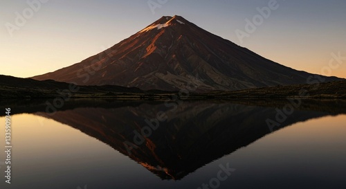 The image features a majestic mountain with a snow-capped peak reflected in a misty lake at golden sunrise, creating a symmetrical and peaceful landscape