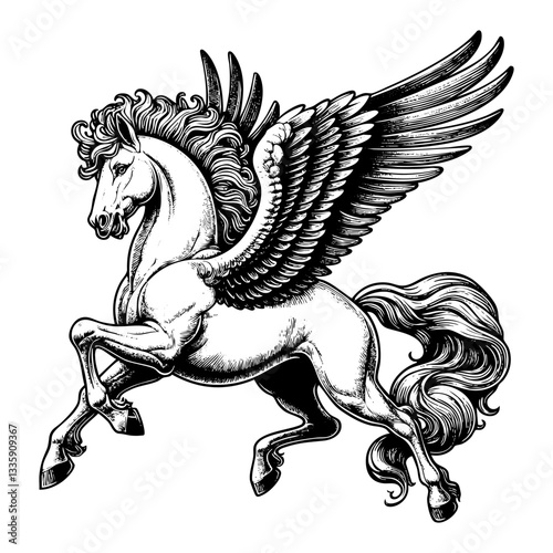 Pegasus sketch engraving black and white outline. Scratch board imitation.  illustrated in vintage line art style on a white background.

