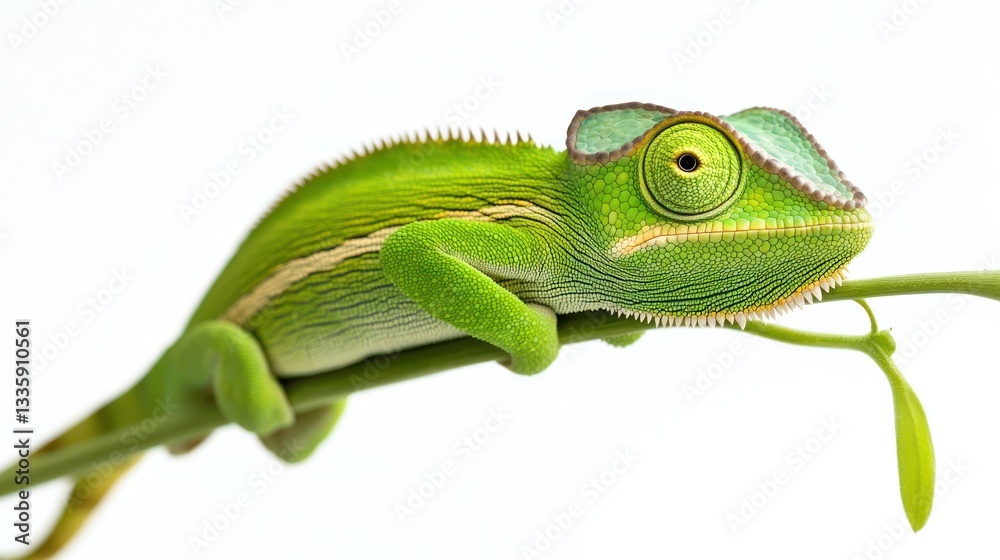 Fototapeta premium Closeup of a young chameleon on a branch against white background. Suitable for educational or nature publications.