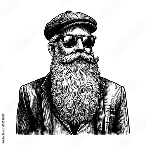Bearded old man riding motorbike sketch engraving black and white outline. Scratch board imitation.  illustrated in vintage line art style on a white background.