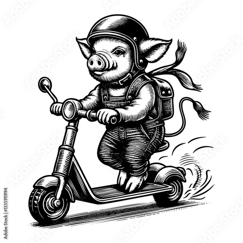 Pig ride scooter sketch engraving black and white outline. Scratch board imitation.  illustrated in vintage line art style on a white background.
