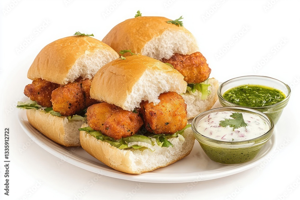 Delicious vada pav sliders arranged on white plate with green chutneys creating inviting scene