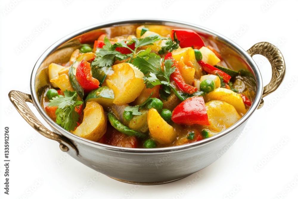 Delicious vegetable curry served in a traditional Indian kadai bowl with potatoes, peppers and peas Delicious vegetable curry served in a traditional Indian kadai bowl with potatoes, peppers and peas