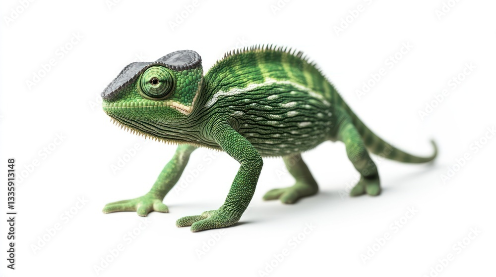 Fototapeta premium Young Chameleon in Profile against White Background. Possible use Educational or nature resource