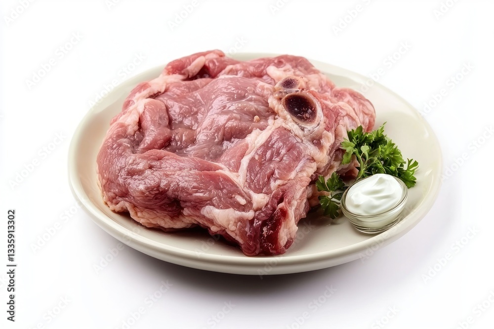 Raw Lamb Shoulder on White Plate with Parsley and Garlic Sauce Fresh Red Meat on Bright Background Raw Lamb Shoulder on White Plate with Parsley and Garlic Sauce Fresh Red Meat on Bright Background