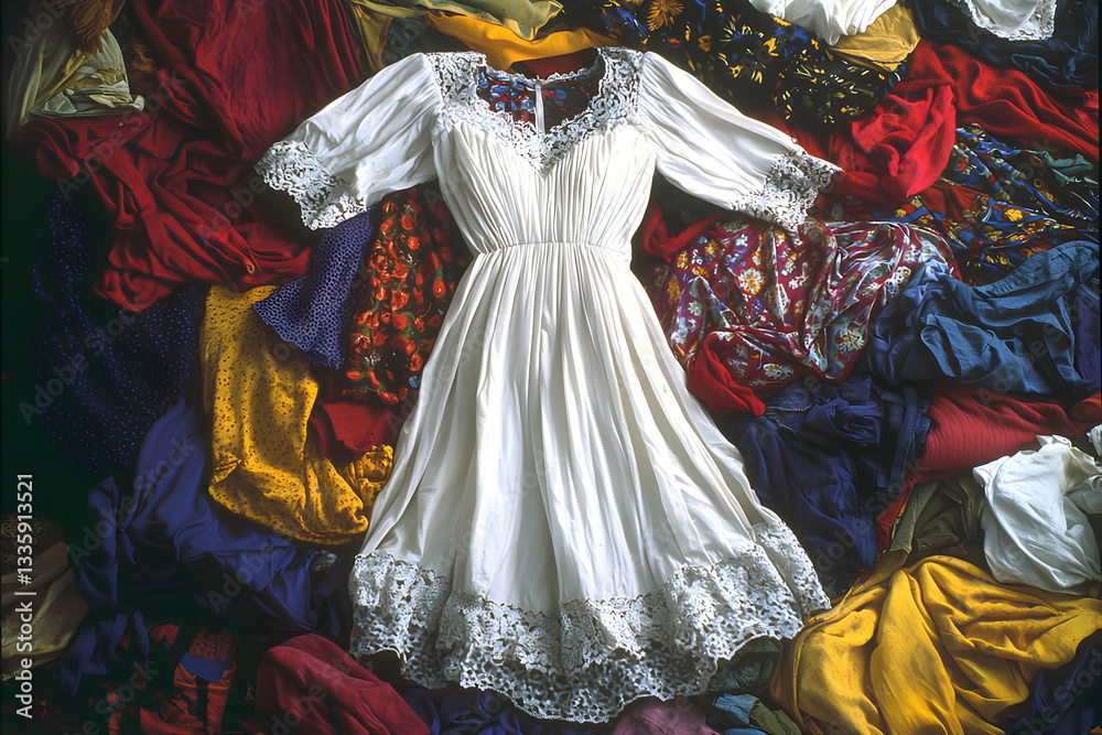 Fototapeta premium White cotton dress amidst colorful fabrics