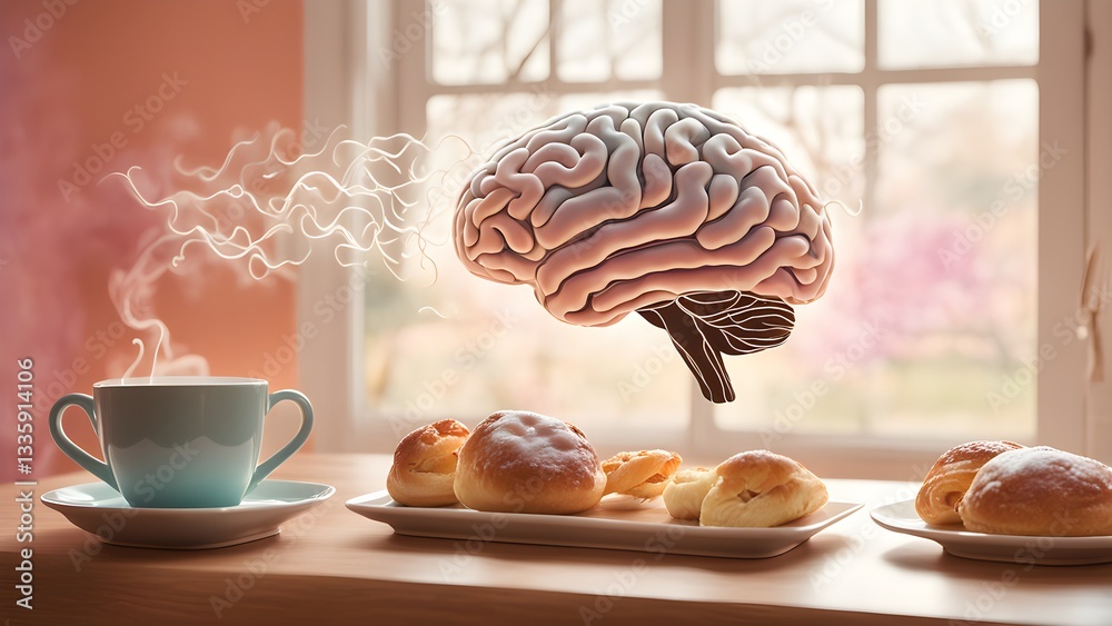 A 3D brain hovers above pastries a steaming cup coffee a kitchen table near a window.