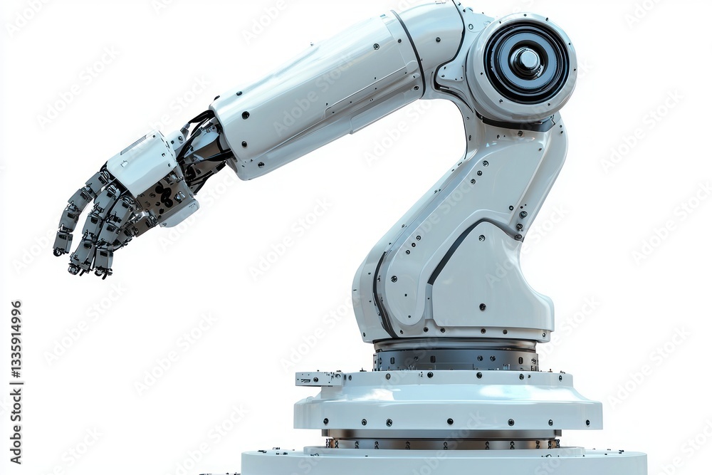 Sophisticated robotic arm precision in a clean bright modern technological design aesthetic studio shot