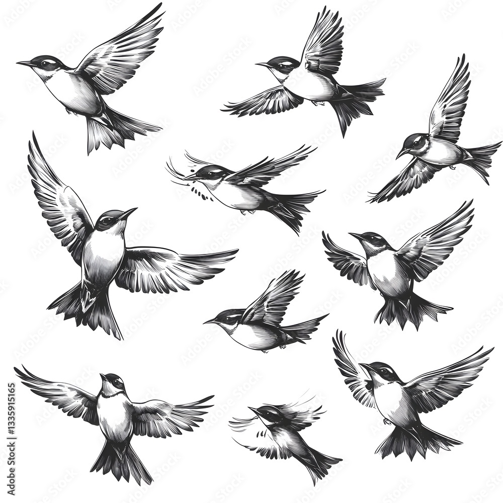 Obraz premium A collection of ten detailed hand drawn sketches of birds in flight against a white background perfect for design projects.