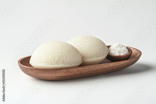 Two Fresh Steamed Rice Cakes with Coconut in a Wooden Bowl on a Minimal White Background