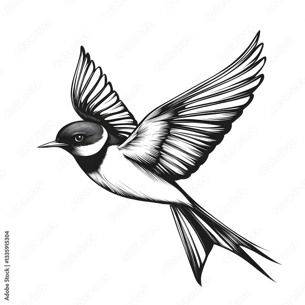 Fototapeta premium A detailed hand-drawn illustration depicts a small bird in flight with its wings spread wide against a clean white background.