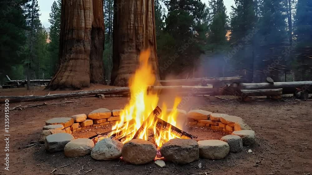 A cozy campfire glows warmly in a serene forest, surrounded by large trees and a circle of stones. A cozy campfire glows warmly in a serene forest, surrounded by large trees and a circle of stones.