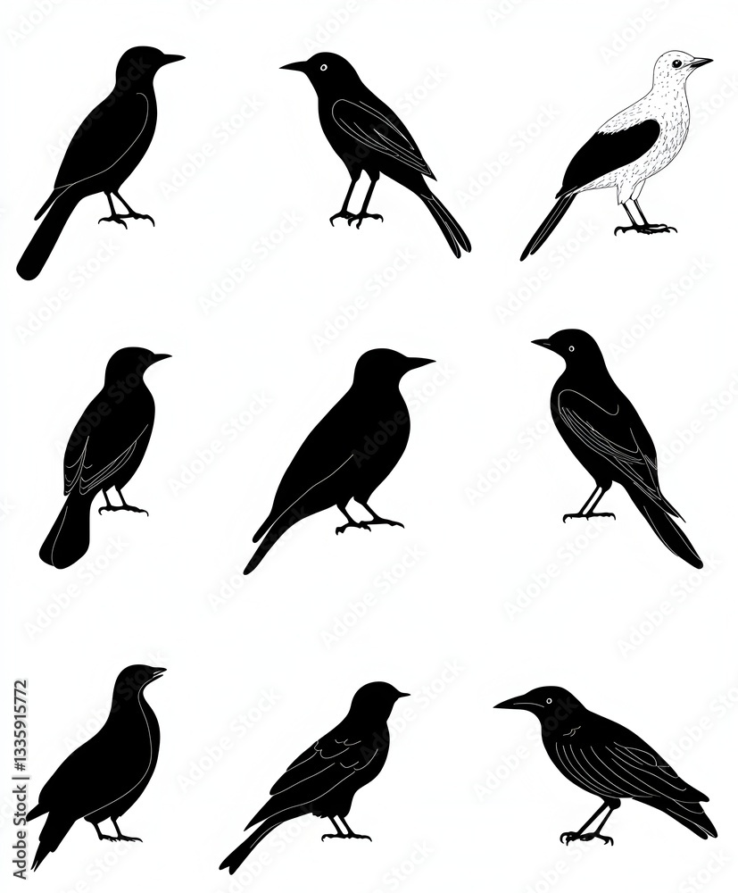 Nine detailed bird silhouettes showcase various species in black and white illustrations perfect for ornithology educational materials or Nine detailed bird silhouettes showcase various species in black and white illustrations perfect for ornithology educational materials or