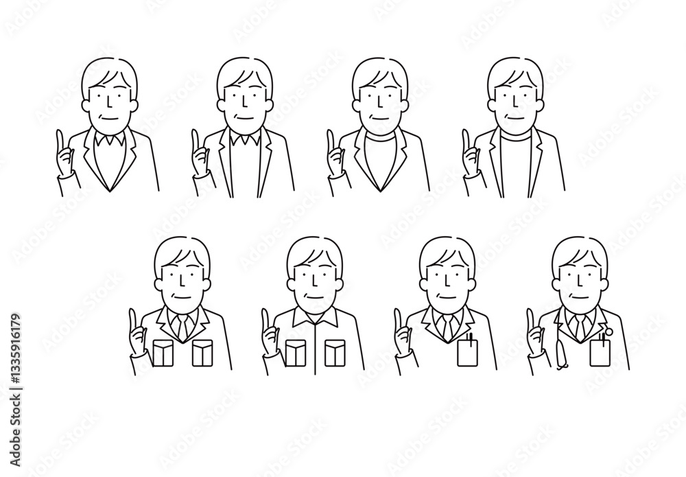 ジャケット、作業着、白衣を着た40から50代男性のシンプルな線画イラスト ジャケット、作業着、白衣を着た40から50代男性のシンプルな線画イラスト