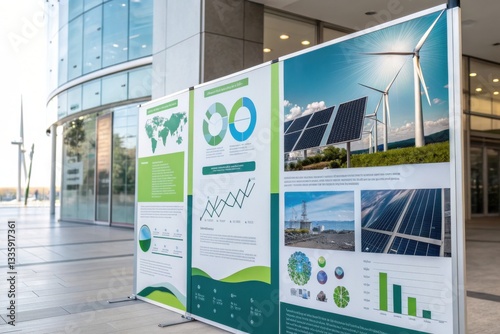 A modern display featuring solar panels and wind turbines, showcasing renewable energy solutions in an urban environment.