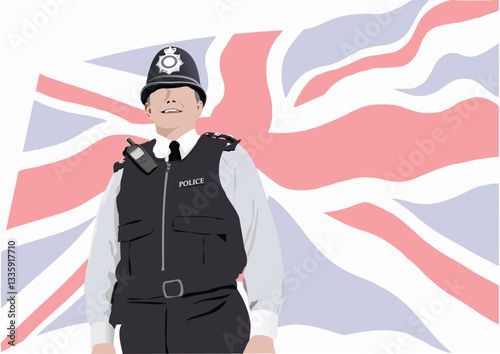 011-48-Police officer in uniform with uk flag backgroundPolice officer in uniform with uk flag background