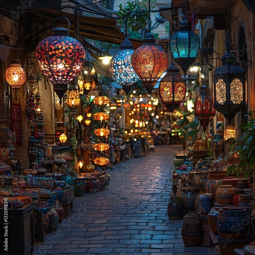 Colorful Market Street with Ornate Lanterns and Decorative Pottery at Night in a Vibrant Bazaar