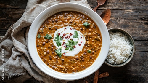 Flavorful indian dal makhani served in a bowl with rice on rustic wooden table rich in color and texture