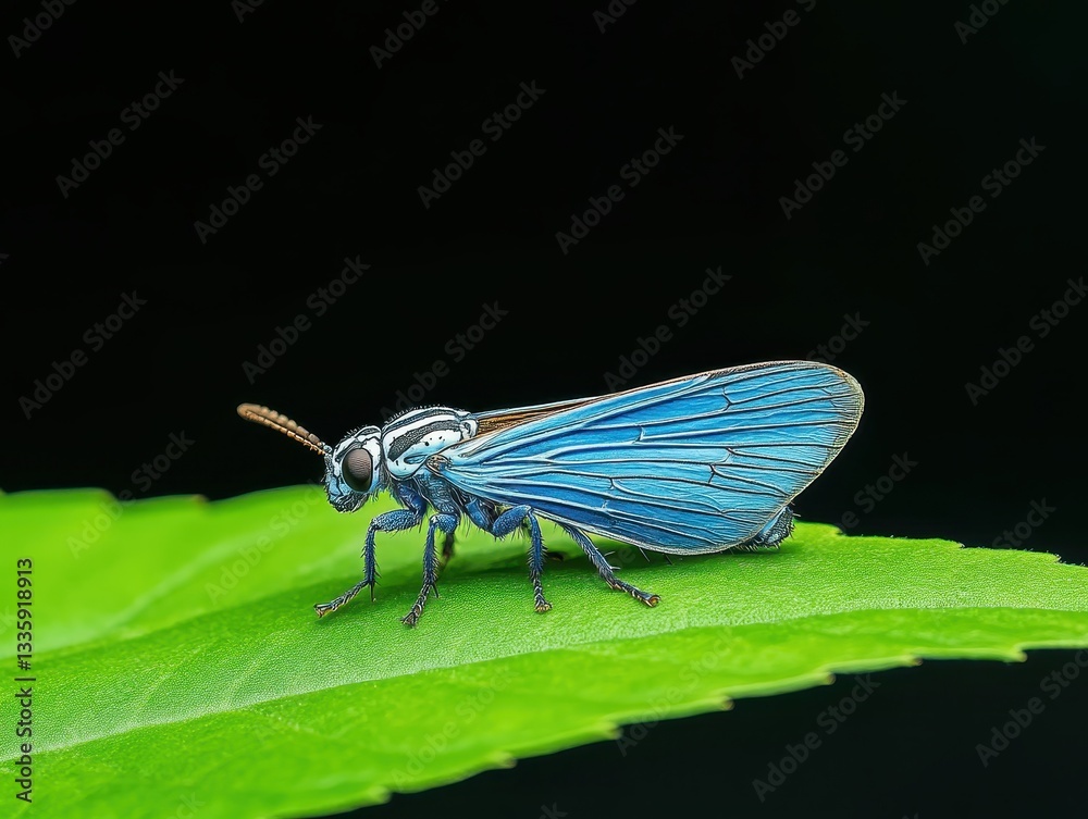 Vibrant blue insect perched on a green leaf against a dark background Vibrant blue insect perched on a green leaf against a dark background
