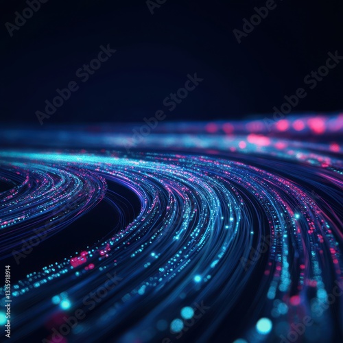 Vibrant wave of digital data flow against dark background for technology and science concepts
