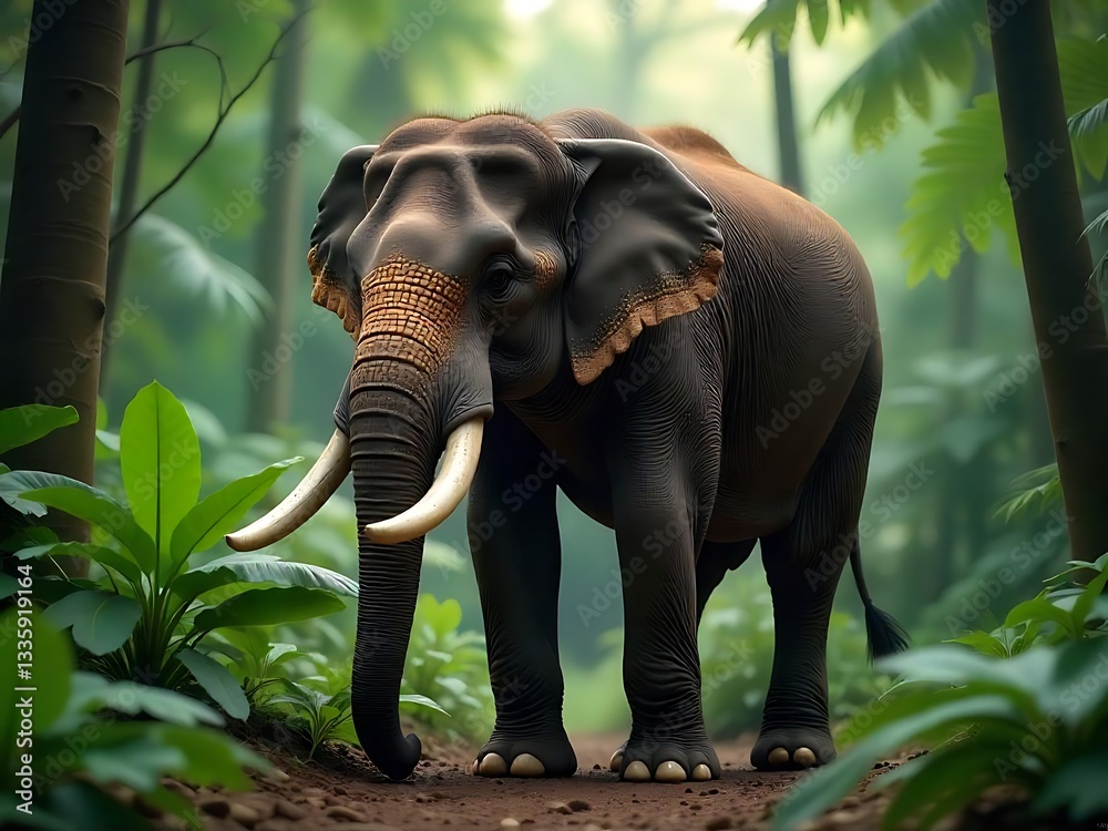 Fototapeta premium Generative AI Elephant: Majestic Proboscidean Trekking Through Verdant Jungle