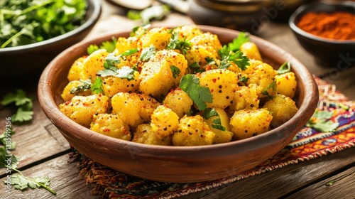 Delicious aloo gobi in ceramic bowl indian cuisine yellow cauliflower garnish rustic charm culinary