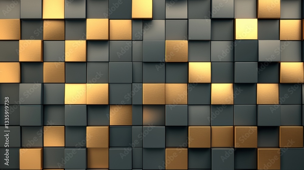A 3D rendering of a wall with a repeating pattern of gold and gray squares. A 3D rendering of a wall with a repeating pattern of gold and gray squares.