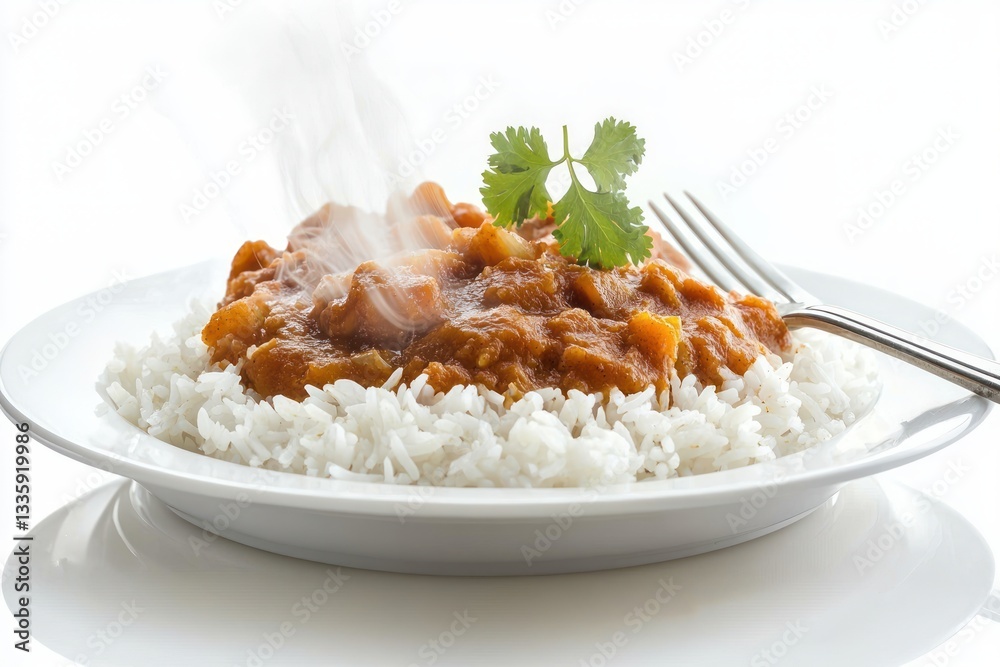 Close up of delicious steaming indian butter chicken with rice on a white plate and a fork Close up of delicious steaming indian butter chicken with rice on a white plate and a fork
