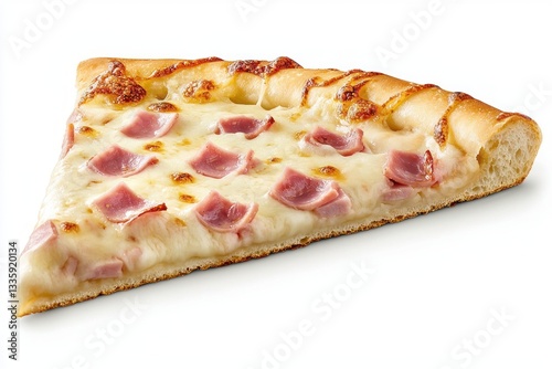 Tempting slice of flavorful ham pizza fresh from the oven showcasing delicious toppings against white background studio shot
