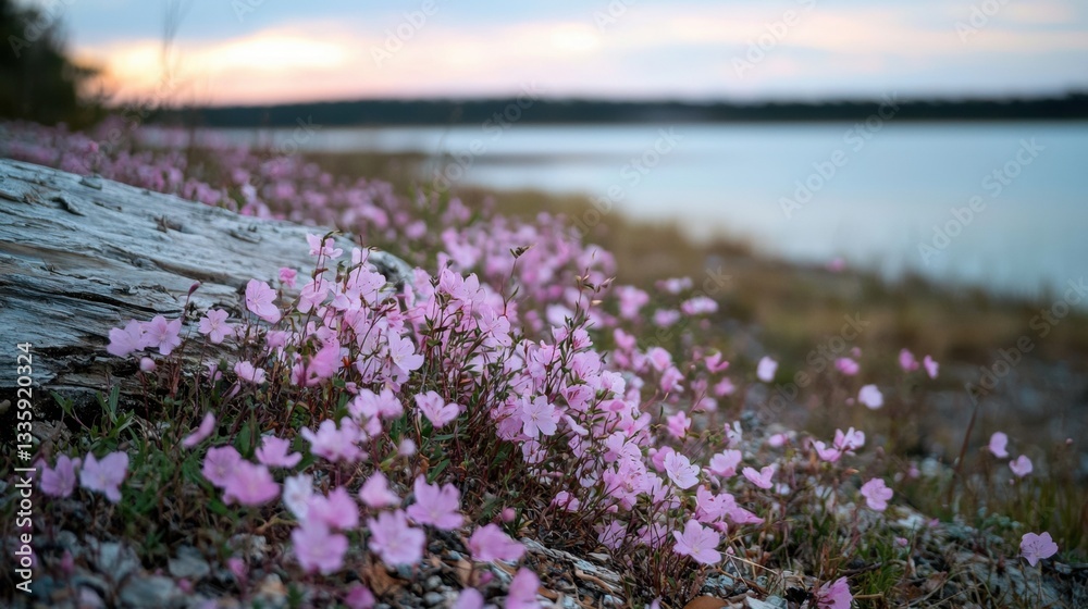 Obraz premium Pink flowers on a rocky shoreline.