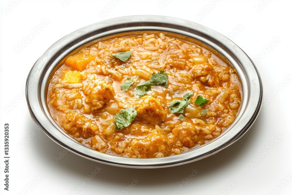 Delicious homemade chicken curry and rice with herbs in a silver bowl for a healthy meal Delicious homemade chicken curry and rice with herbs in a silver bowl for a healthy meal