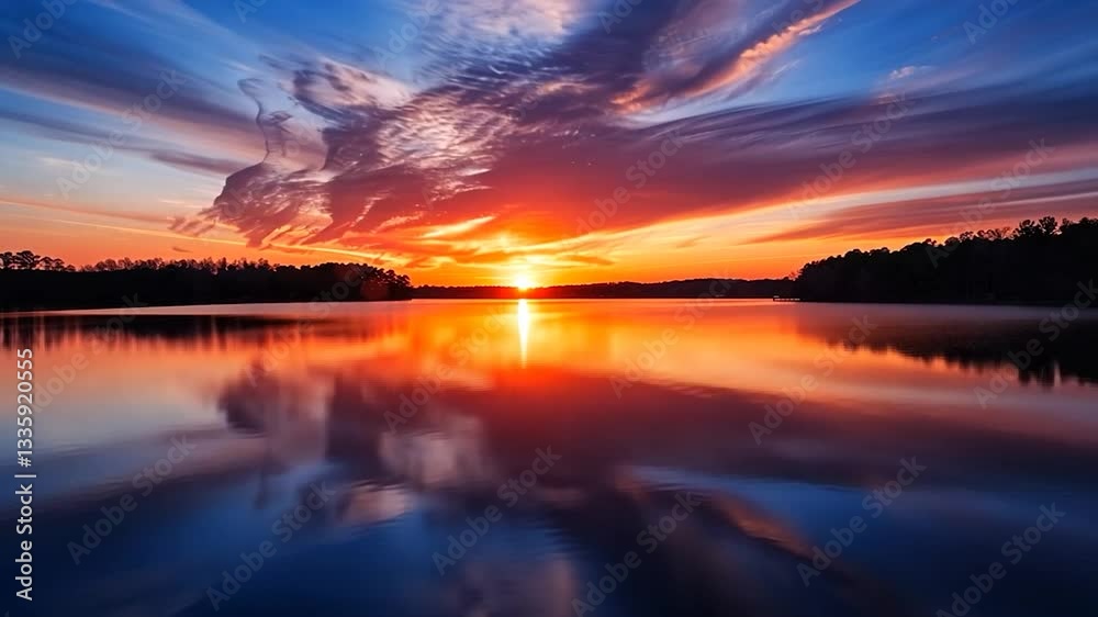 Fiery Sunset over Serene Lake Fiery Sunset over Serene Lake