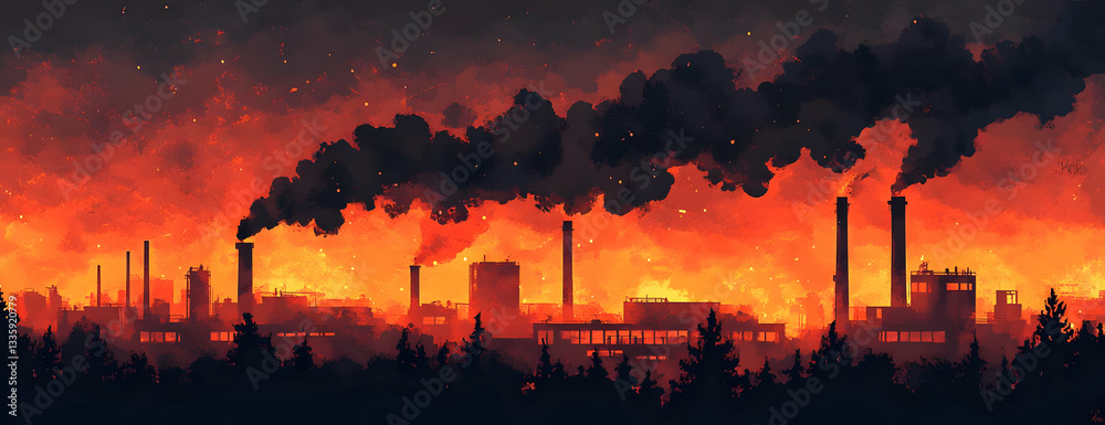 Obraz premium Night factory fire, pollution, dark sky